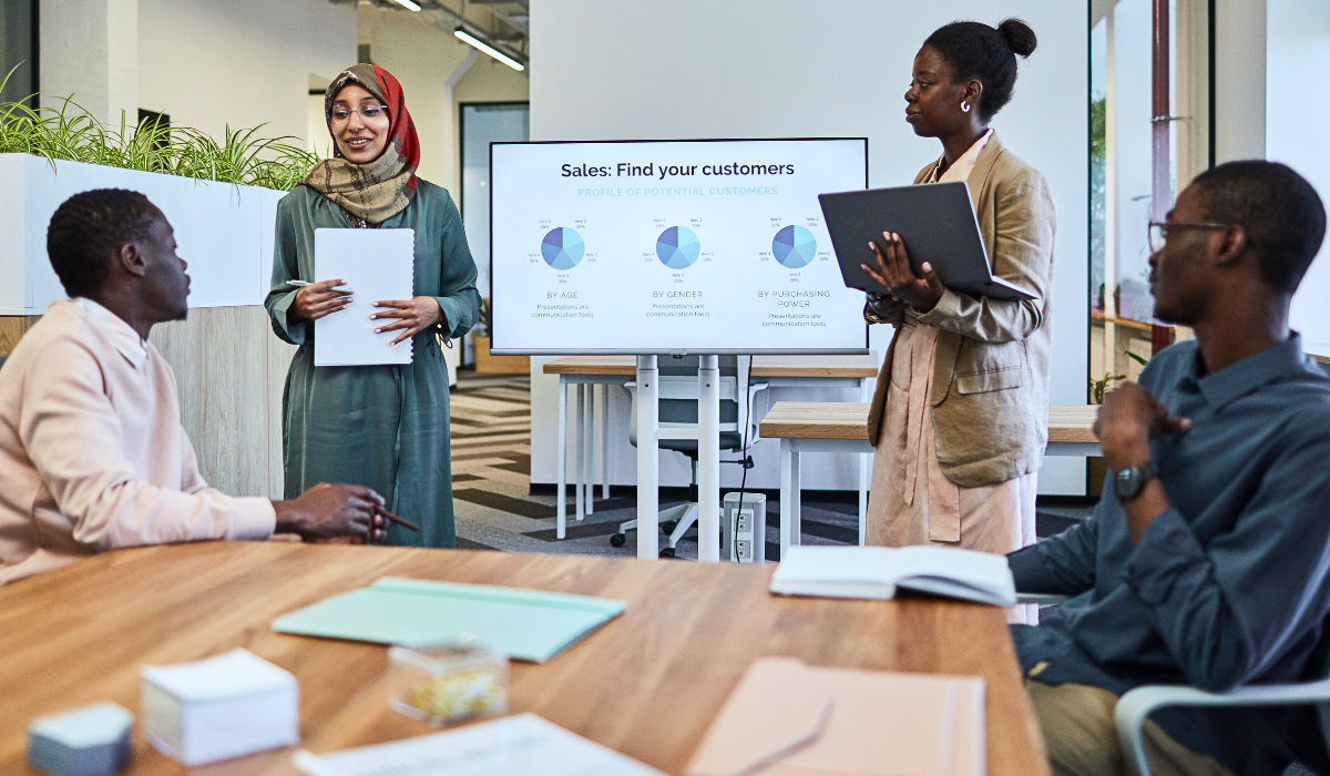 A photo of four coworkers chatting. Two are standing beside a screen with a sales presentation. Two others are sitting at a table in front. They are actively in discussions with each other and appear happy.