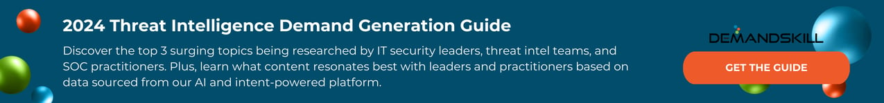 Blue banner that reads: 2024 Threat Intel Demand Generation Guide, Discover the top 3 surging topics being researched by the IT security leaders, threat intel teams, and SOC practitioners. Plus, learn what content resonates best with leads and practitioenrs based on data sourced from our AI and intent-powered platform. Get the guide